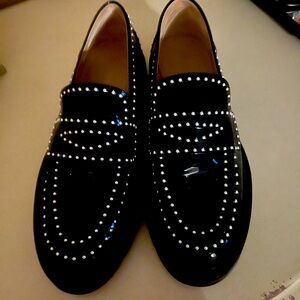 Stuart Weitzman patent loafer with faux pearl trim